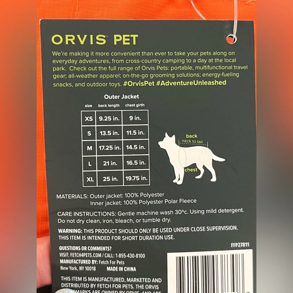 ORVIS dog rain coat/ jacket. All-Season waterproof 3-in-1. Orange, black. M. NWT